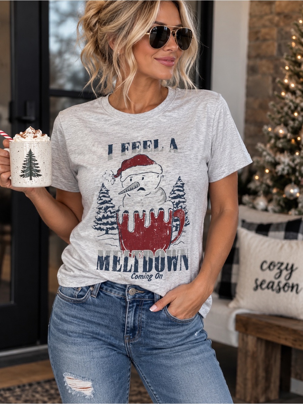 Maurices Light Gray Short Sleeve Holiday Graphic Tee with Red and Navy Print
